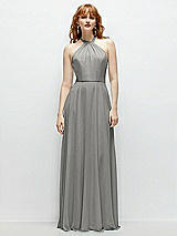 Front View Thumbnail - Chelsea Gray Shirred Halter Chiffon Maxi Dress with Back Sash-Tie Closure