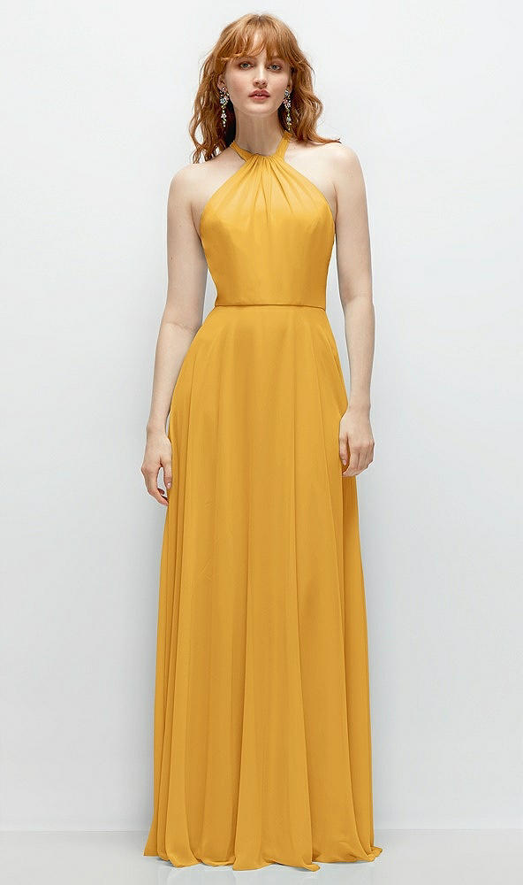 Front View - NYC Yellow Shirred Halter Chiffon Maxi Dress with Back Sash-Tie Closure