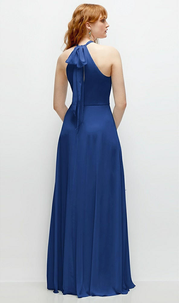 Back View - Classic Blue Shirred Halter Chiffon Maxi Dress with Back Sash-Tie Closure