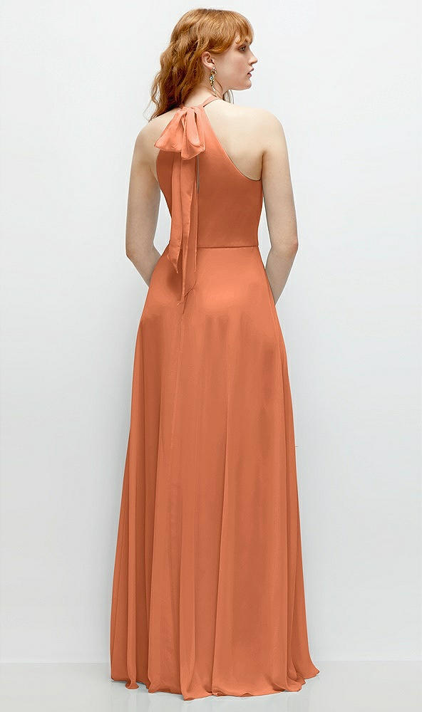 Back View - Sweet Melon Shirred Halter Chiffon Maxi Dress with Back Sash-Tie Closure