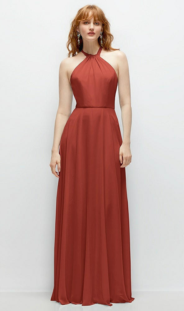 Front View - Amber Sunset Shirred Halter Chiffon Maxi Dress with Back Sash-Tie Closure