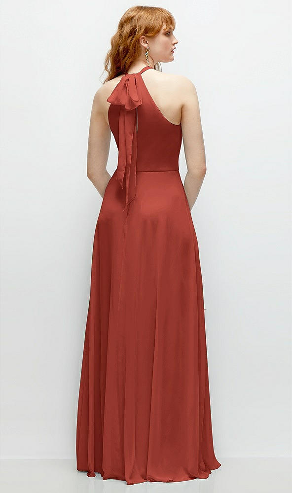 Back View - Amber Sunset Shirred Halter Chiffon Maxi Dress with Back Sash-Tie Closure