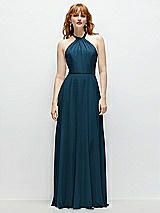 Front View Thumbnail - Atlantic Blue Shirred Halter Chiffon Maxi Dress with Back Sash-Tie Closure