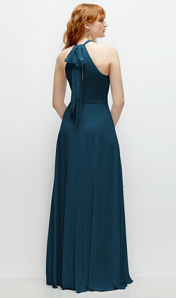 Back View - Atlantic Blue Shirred Halter Chiffon Maxi Dress with Back Sash-Tie Closure