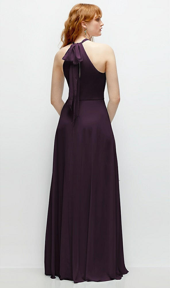 Back View - Aubergine Shirred Halter Chiffon Maxi Dress with Back Sash-Tie Closure