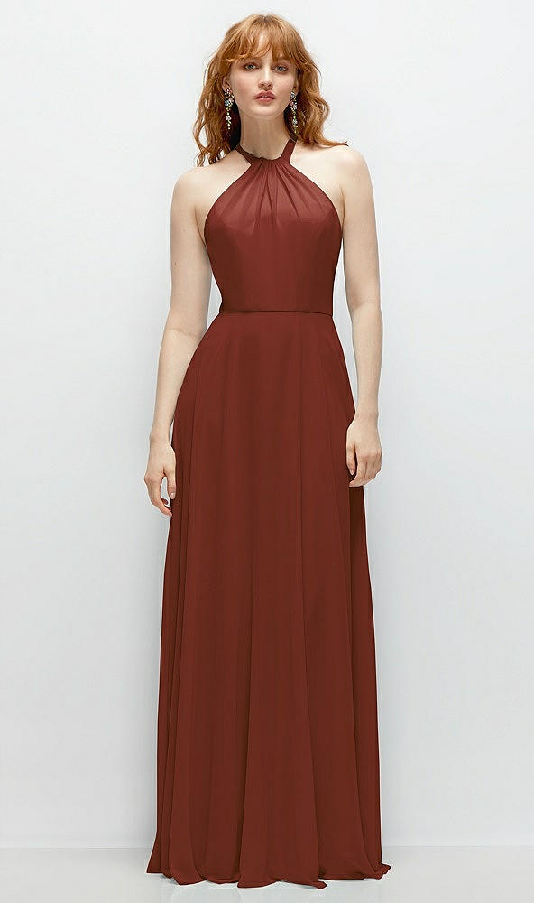 Front View - Auburn Moon Shirred Halter Chiffon Maxi Dress with Back Sash-Tie Closure