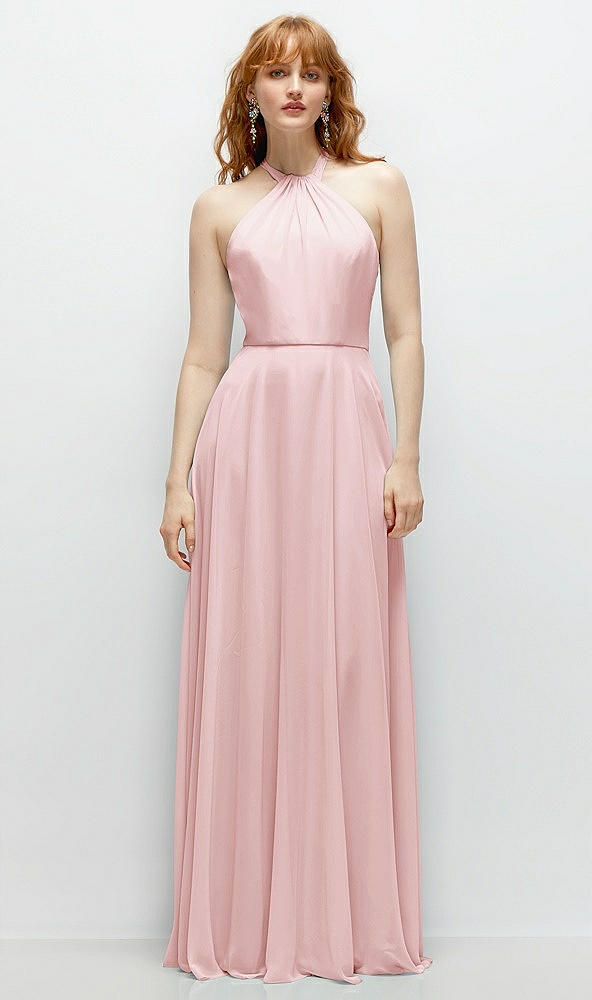 Front View - Ballet Pink Shirred Halter Chiffon Maxi Dress with Back Sash-Tie Closure