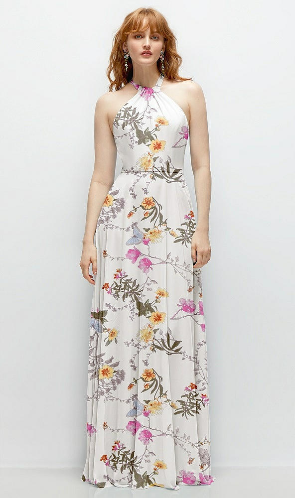 Front View - Butterfly Botanica Ivory Shirred Halter Chiffon Maxi Dress with Back Sash-Tie Closure