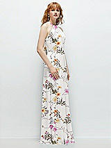 Side View Thumbnail - Butterfly Botanica Ivory Shirred Halter Chiffon Maxi Dress with Back Sash-Tie Closure