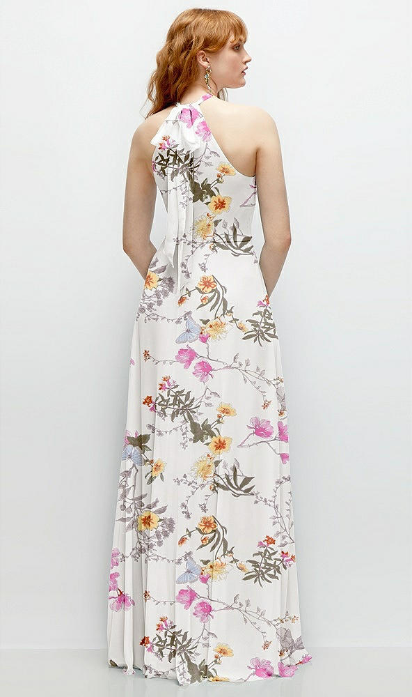 Back View - Butterfly Botanica Ivory Shirred Halter Chiffon Maxi Dress with Back Sash-Tie Closure