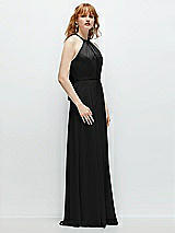 Side View Thumbnail - Black Shirred Halter Chiffon Maxi Dress with Back Sash-Tie Closure