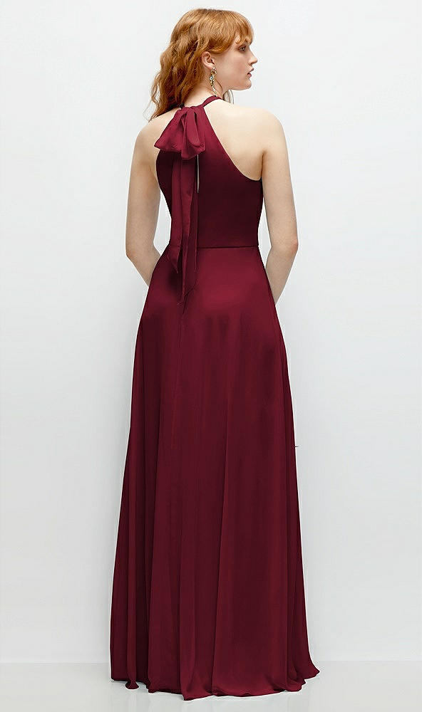 Back View - Burgundy Shirred Halter Chiffon Maxi Dress with Back Sash-Tie Closure