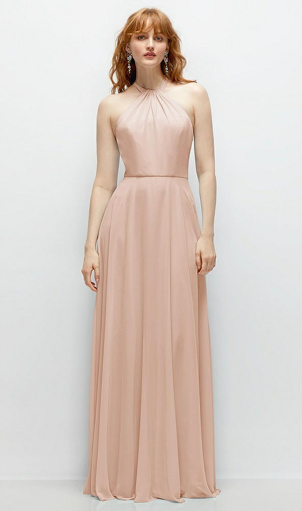 Front View - Cameo Shirred Halter Chiffon Maxi Dress with Back Sash-Tie Closure