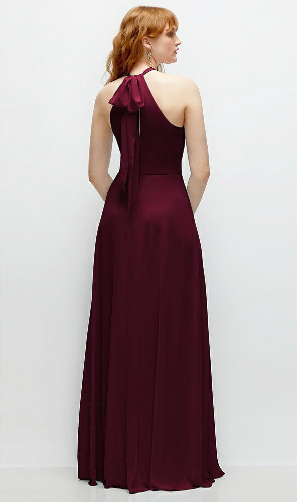 Back View - Cabernet Shirred Halter Chiffon Maxi Dress with Back Sash-Tie Closure