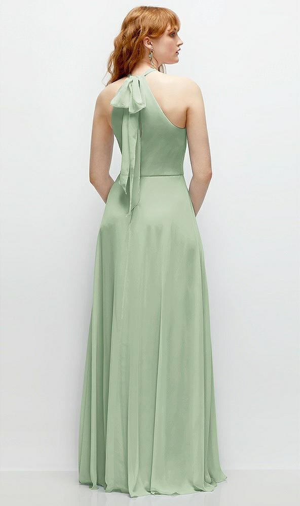 Back View - Celadon Shirred Halter Chiffon Maxi Dress with Back Sash-Tie Closure