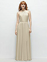 Front View Thumbnail - Champagne Shirred Halter Chiffon Maxi Dress with Back Sash-Tie Closure