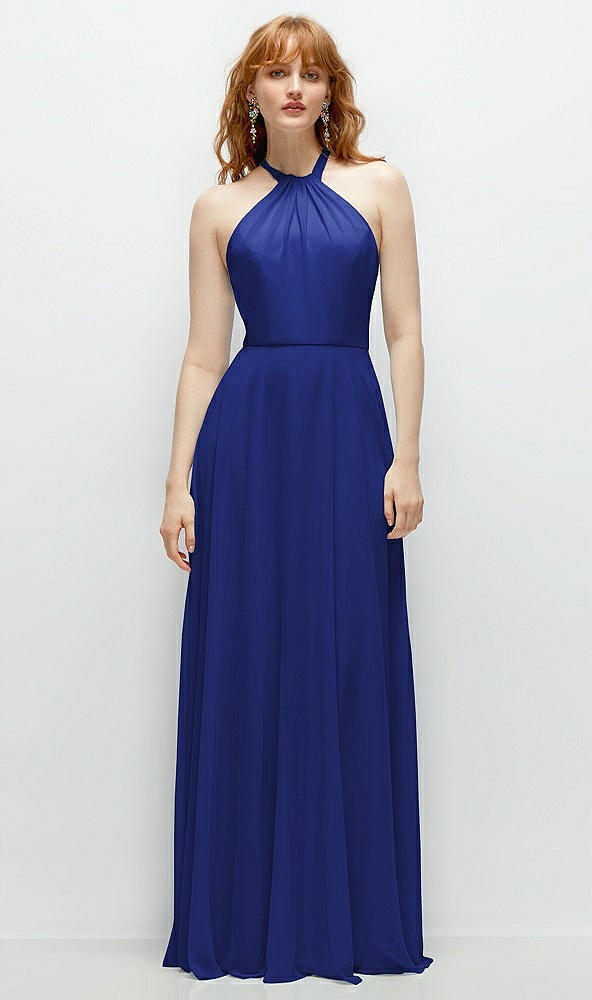 Front View - Cobalt Blue Shirred Halter Chiffon Maxi Dress with Back Sash-Tie Closure