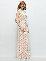 Side View Thumbnail - Coquette Floral Print Shirred Halter Chiffon Maxi Dress with Back Sash-Tie Closure