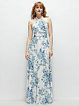 Front View Thumbnail - Cottage Rose Dusk Blue Shirred Halter Chiffon Maxi Dress with Back Sash-Tie Closure