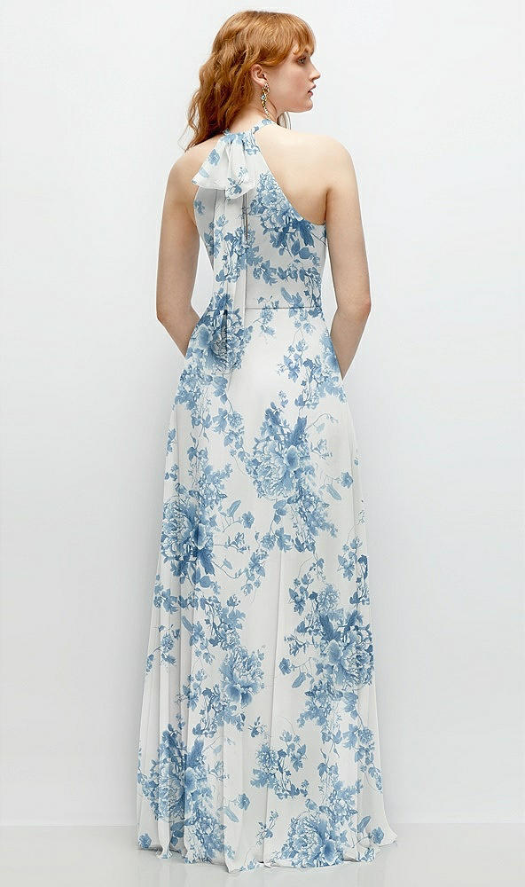 Back View - Cottage Rose Dusk Blue Shirred Halter Chiffon Maxi Dress with Back Sash-Tie Closure