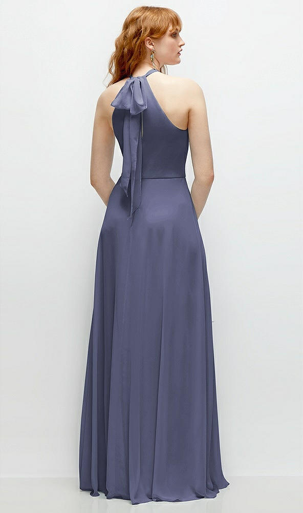 Back View - French Blue Shirred Halter Chiffon Maxi Dress with Back Sash-Tie Closure