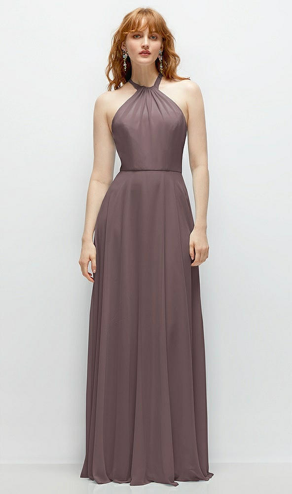 Front View - French Truffle Shirred Halter Chiffon Maxi Dress with Back Sash-Tie Closure