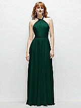 Front View Thumbnail - Hunter Green Shirred Halter Chiffon Maxi Dress with Back Sash-Tie Closure