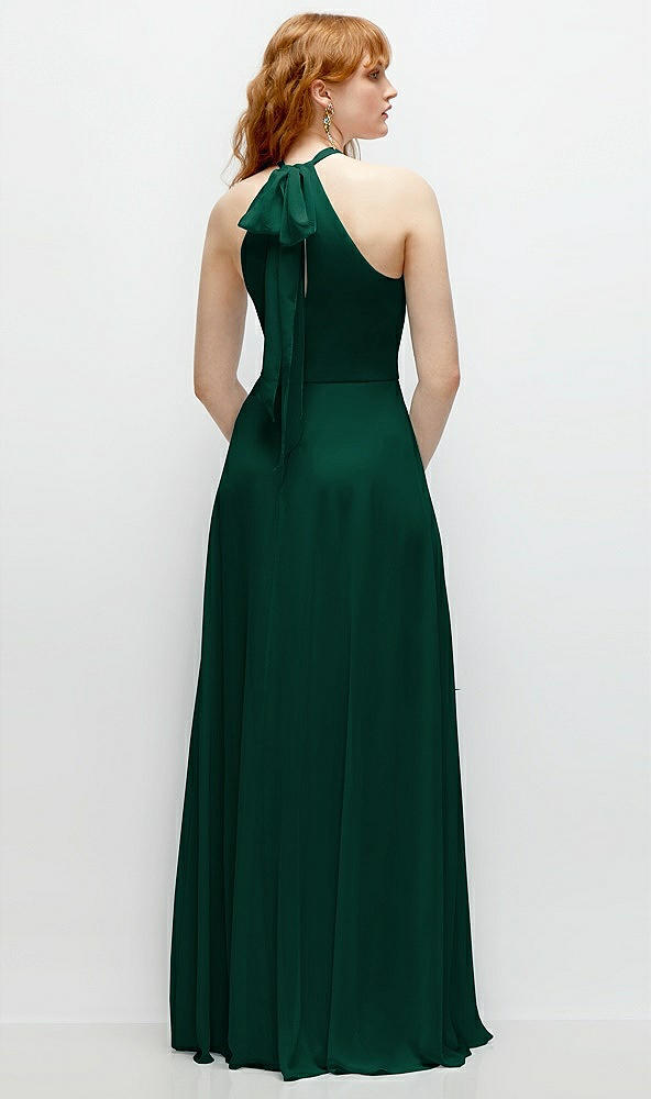 Back View - Hunter Green Shirred Halter Chiffon Maxi Dress with Back Sash-Tie Closure