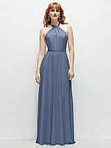 Front View Thumbnail - Larkspur Blue Shirred Halter Chiffon Maxi Dress with Back Sash-Tie Closure