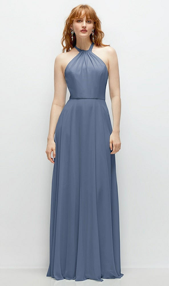 Front View - Larkspur Blue Shirred Halter Chiffon Maxi Dress with Back Sash-Tie Closure