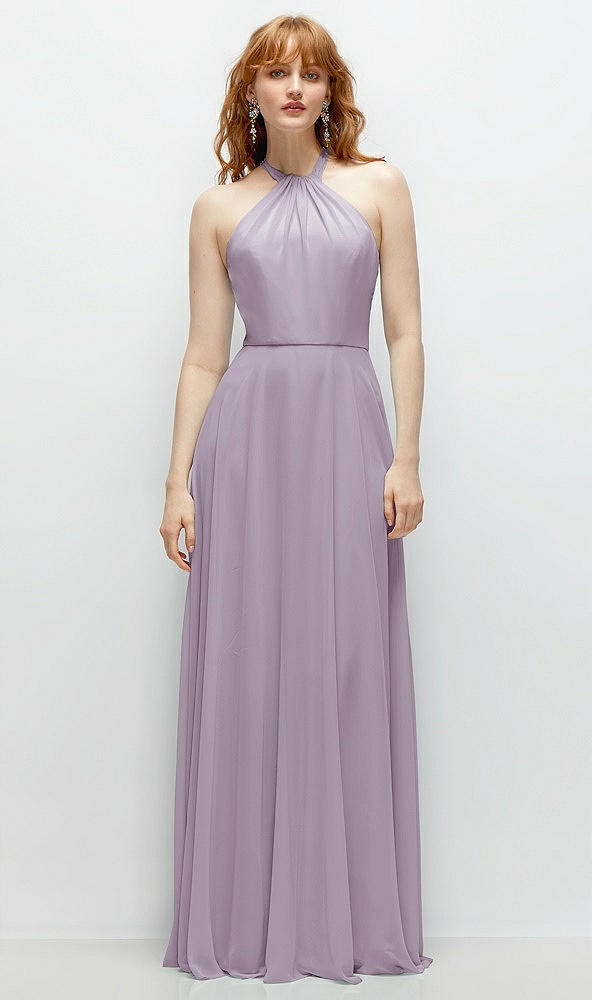 Front View - Lilac Haze Shirred Halter Chiffon Maxi Dress with Back Sash-Tie Closure