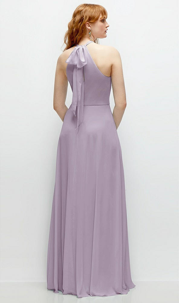 Back View - Lilac Haze Shirred Halter Chiffon Maxi Dress with Back Sash-Tie Closure