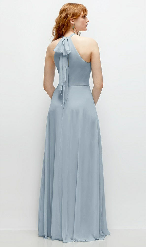 Back View - Mist Shirred Halter Chiffon Maxi Dress with Back Sash-Tie Closure