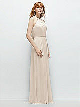 Side View Thumbnail - Oat Shirred Halter Chiffon Maxi Dress with Back Sash-Tie Closure