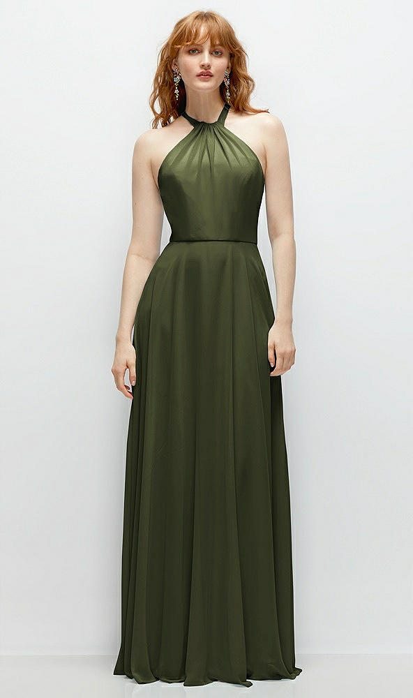 Front View - Olive Green Shirred Halter Chiffon Maxi Dress with Back Sash-Tie Closure