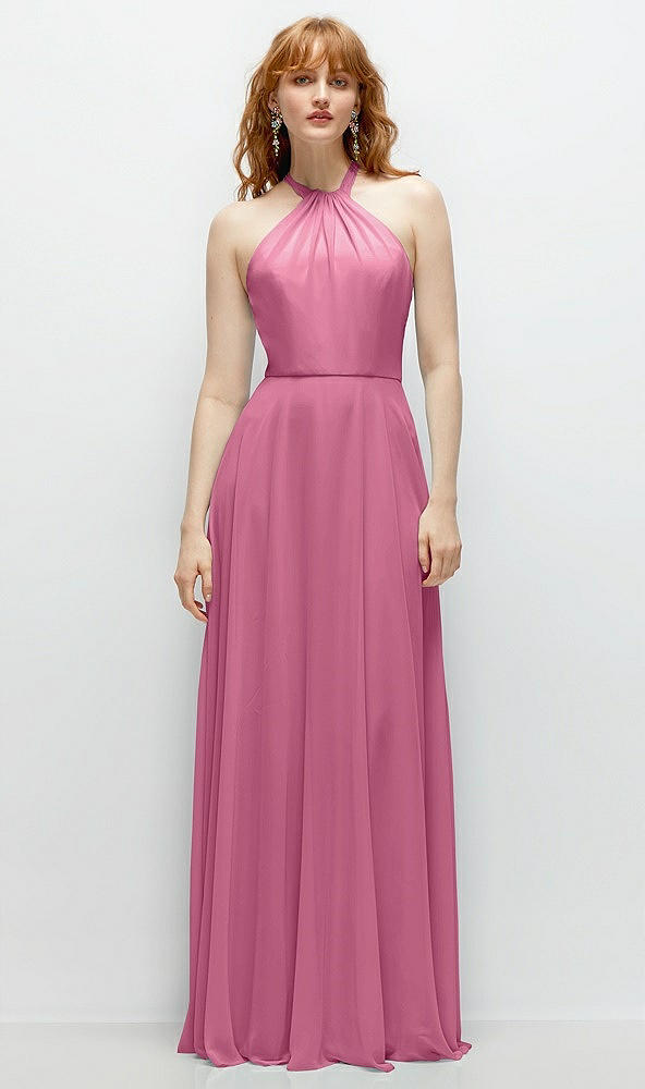 Front View - Orchid Pink Shirred Halter Chiffon Maxi Dress with Back Sash-Tie Closure