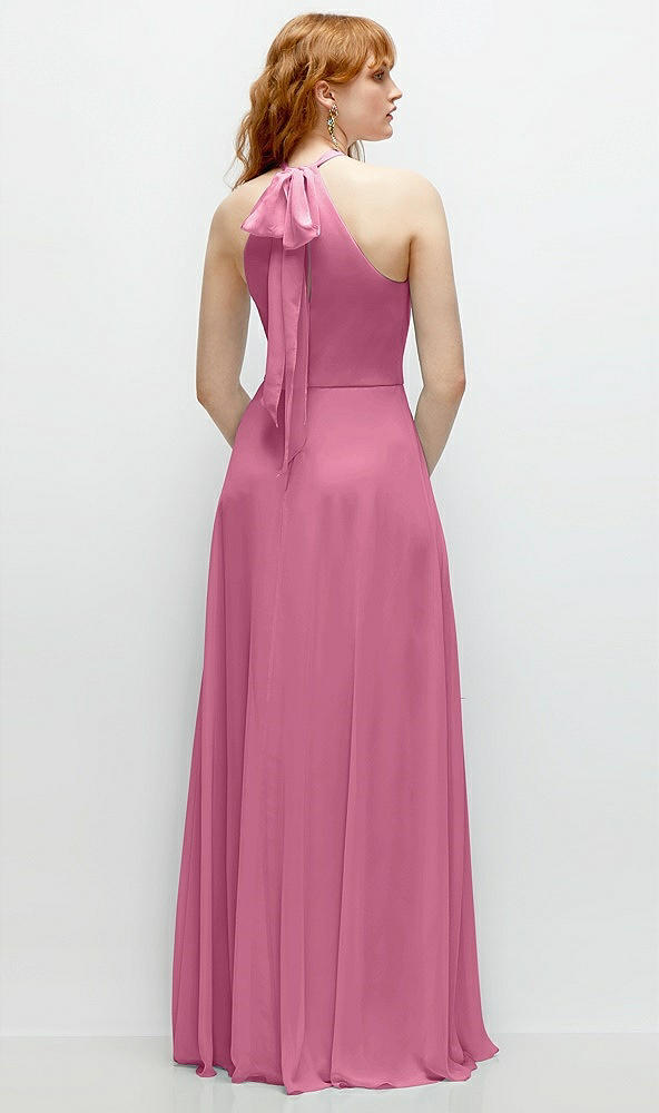 Back View - Orchid Pink Shirred Halter Chiffon Maxi Dress with Back Sash-Tie Closure