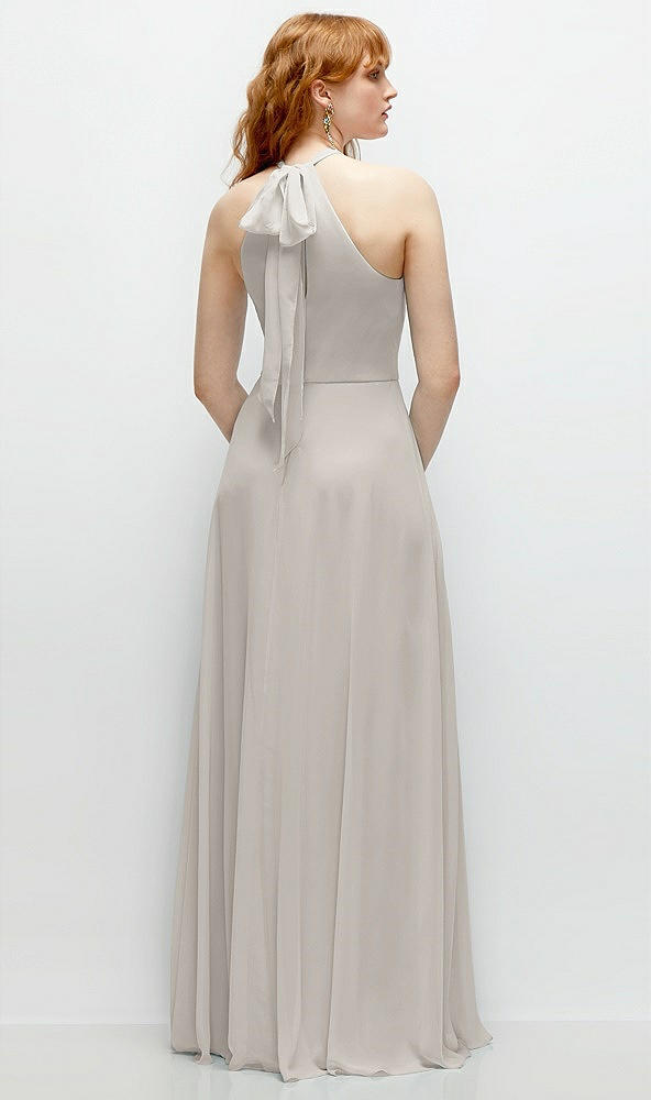 Back View - Oyster Shirred Halter Chiffon Maxi Dress with Back Sash-Tie Closure