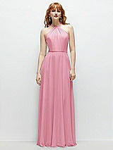 Front View Thumbnail - Peony Pink Shirred Halter Chiffon Maxi Dress with Back Sash-Tie Closure