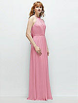 Side View Thumbnail - Peony Pink Shirred Halter Chiffon Maxi Dress with Back Sash-Tie Closure