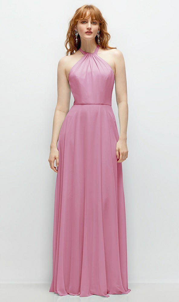 Front View - Powder Pink Shirred Halter Chiffon Maxi Dress with Back Sash-Tie Closure