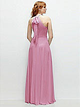 Rear View Thumbnail - Powder Pink Shirred Halter Chiffon Maxi Dress with Back Sash-Tie Closure