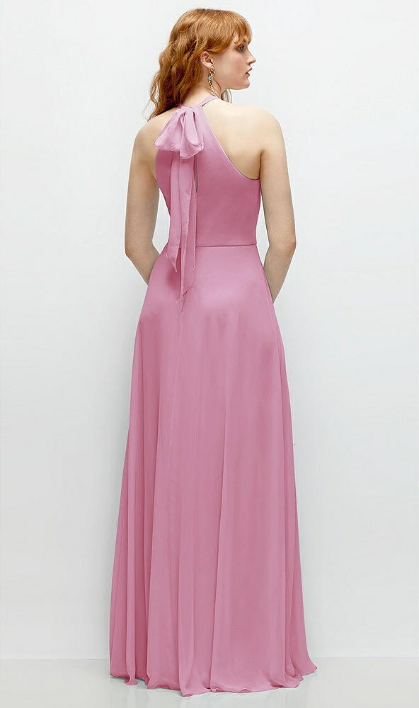 Back View - Powder Pink Shirred Halter Chiffon Maxi Dress with Back Sash-Tie Closure