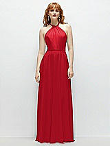 Front View Thumbnail - Parisian Red Shirred Halter Chiffon Maxi Dress with Back Sash-Tie Closure