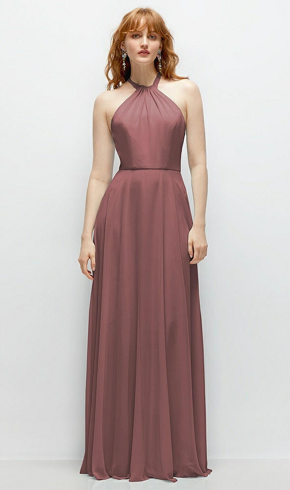 Front View - Rosewood Shirred Halter Chiffon Maxi Dress with Back Sash-Tie Closure