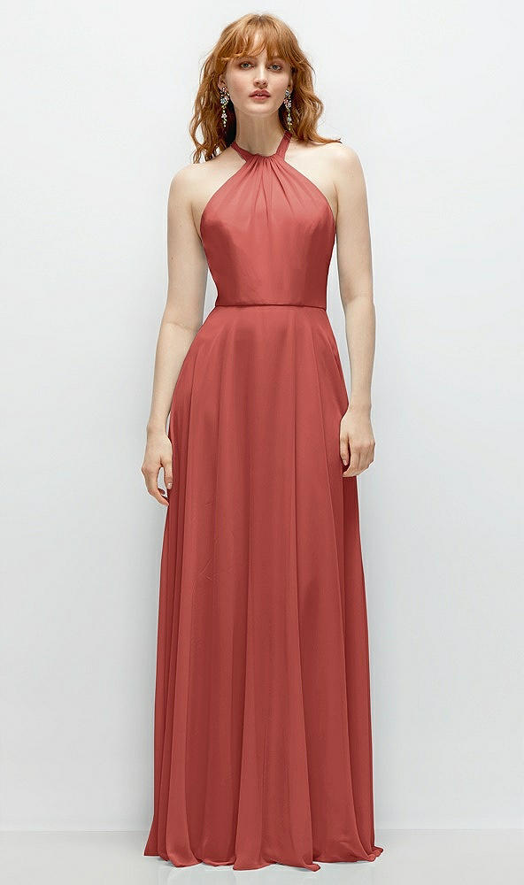 Front View - Coral Pink Shirred Halter Chiffon Maxi Dress with Back Sash-Tie Closure