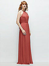 Side View Thumbnail - Coral Pink Shirred Halter Chiffon Maxi Dress with Back Sash-Tie Closure