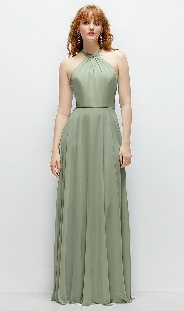 Front View - Sage Shirred Halter Chiffon Maxi Dress with Back Sash-Tie Closure