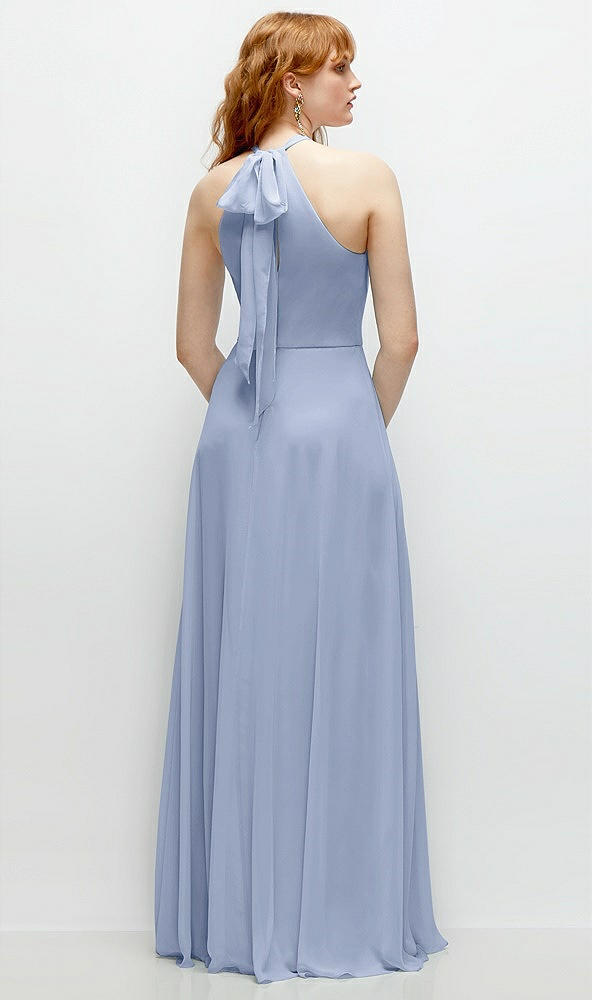 Back View - Sky Blue Shirred Halter Chiffon Maxi Dress with Back Sash-Tie Closure