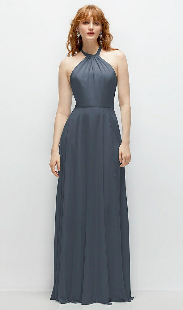 Front View - Silverstone Shirred Halter Chiffon Maxi Dress with Back Sash-Tie Closure